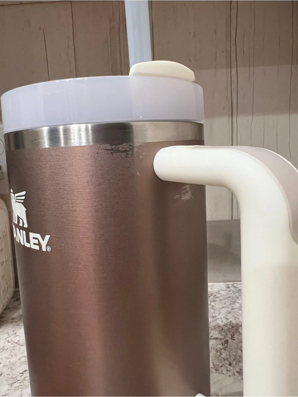 Stanley Brown Travel Tumbler with White Handle and Lid